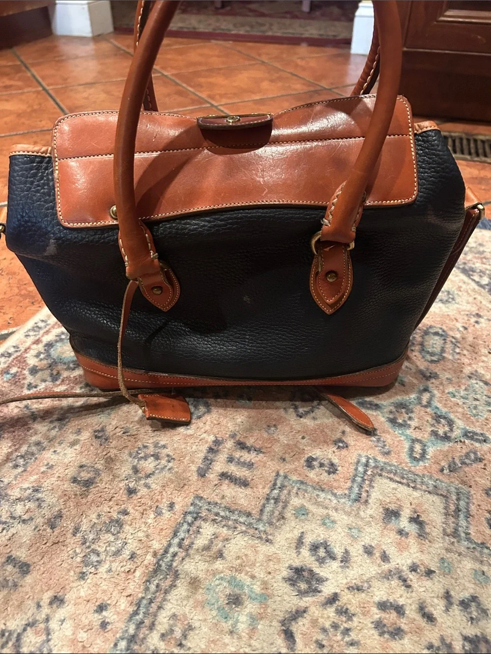 Dooney & Bourke Navy Pebble Leather Satchel with Tan Trim